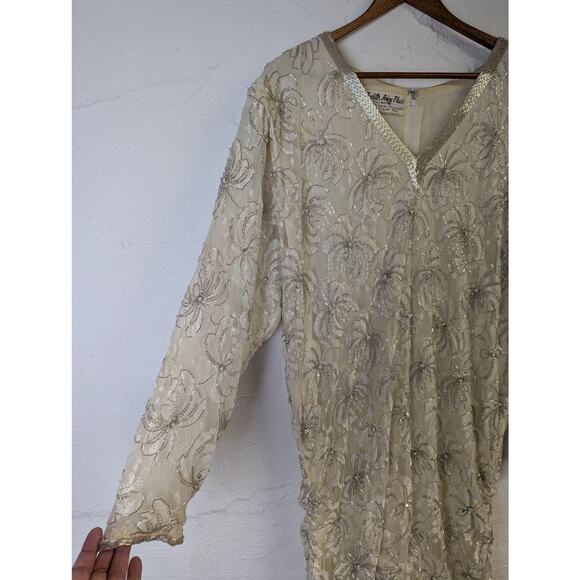 Vtg Judith Ann Plus Beaded Formal Gown Womens 16 Cream Silver Drop Waist Ruching - Picture 3 of 11